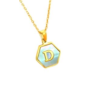 Hexagon Initial Letter Charm, D, 18K GP Blue Iridescent Charm Pendant Necklace